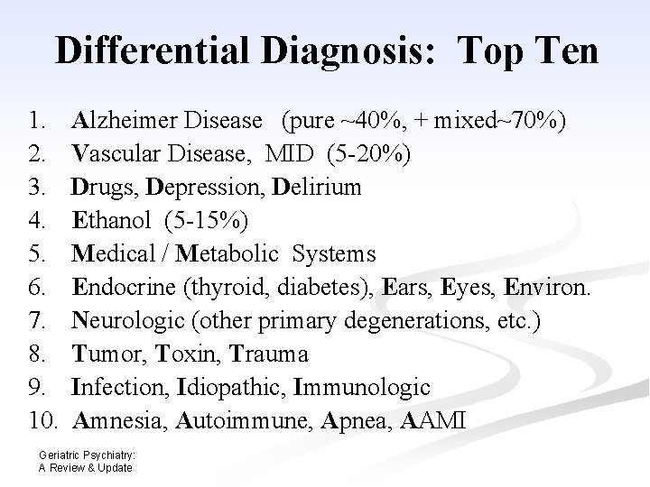 Differential Diagnosis: Top Ten 1. 2. 3. 4. 5. 6. 7. 8. 9. 10. Differential Diagnosis: Top Ten 1. 2. 3. 4. 5. 6. 7. 8. 9. 10.