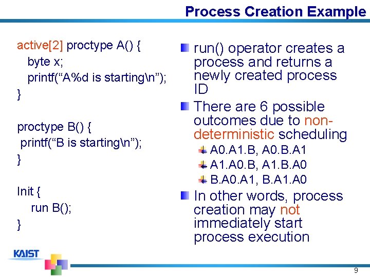 Process Creation Example active[2] proctype A() { byte x; printf(“A%d is startingn”); } proctype