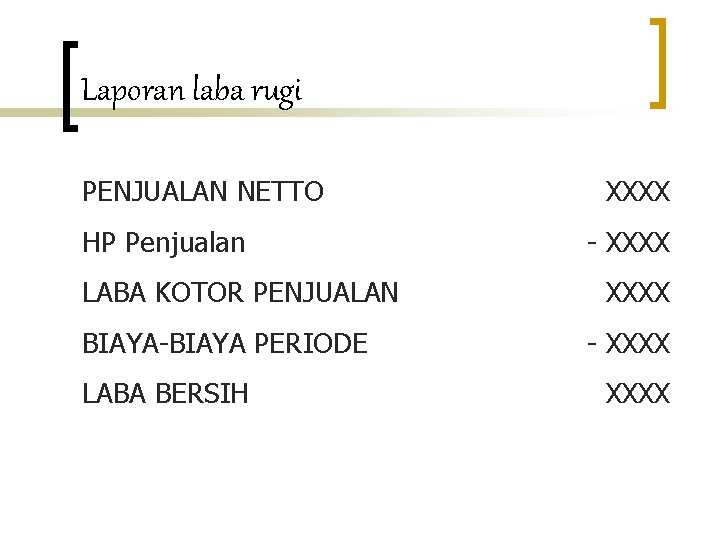 Laporan laba rugi PENJUALAN NETTO HP Penjualan LABA KOTOR PENJUALAN BIAYA-BIAYA PERIODE LABA BERSIH Laporan laba rugi PENJUALAN NETTO HP Penjualan LABA KOTOR PENJUALAN BIAYA-BIAYA PERIODE LABA BERSIH