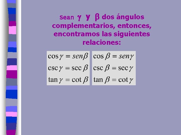 Sean y dos ángulos complementarios, entonces, encontramos las siguientes relaciones: 