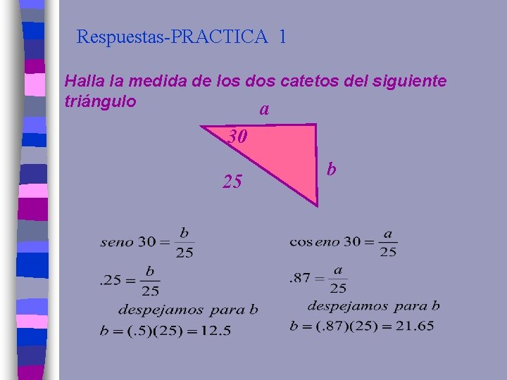 Respuestas-PRACTICA 1 Halla la medida de los dos catetos del siguiente triángulo a 30