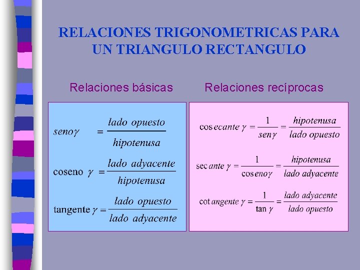 RELACIONES TRIGONOMETRICAS PARA UN TRIANGULO RECTANGULO Relaciones básicas Relaciones recíprocas 