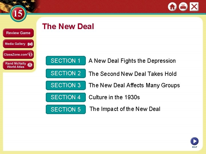 The New Deal SECTION 1 A New Deal Fights the Depression SECTION 2 The