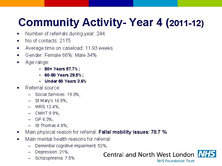 Community Activity- Year 4 (2011 -12) § § § Number of referrals during year: