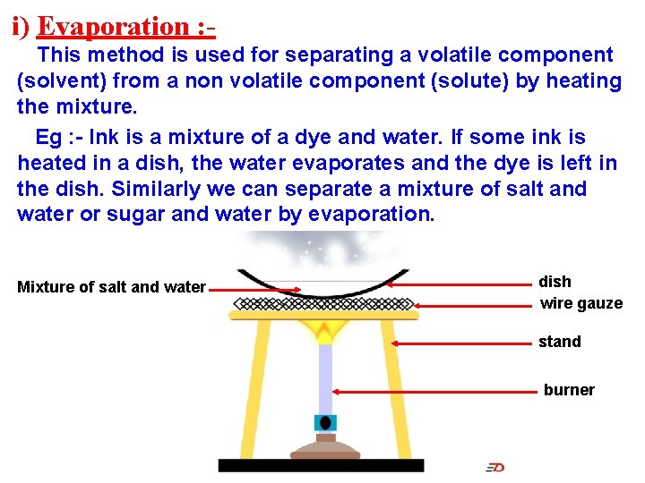 i) Evaporation : This method is used for separating a volatile component (solvent) from