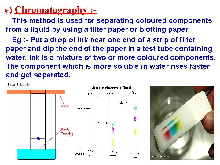 v) Chromatography : This method is used for separating coloured components from a liquid