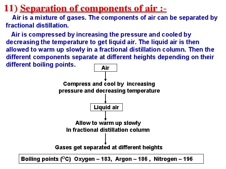 11) Separation of components of air : Air is a mixture of gases. The