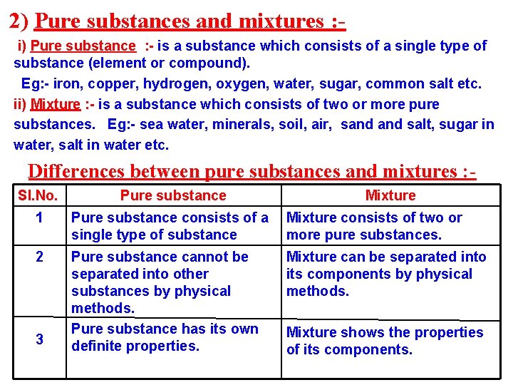 2) Pure substances and mixtures : i) Pure substance : - is a substance