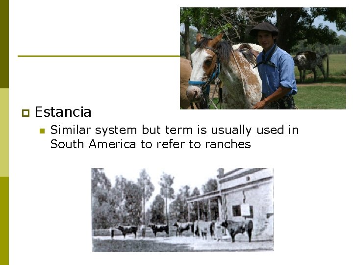 p Estancia n Similar system but term is usually used in South America to