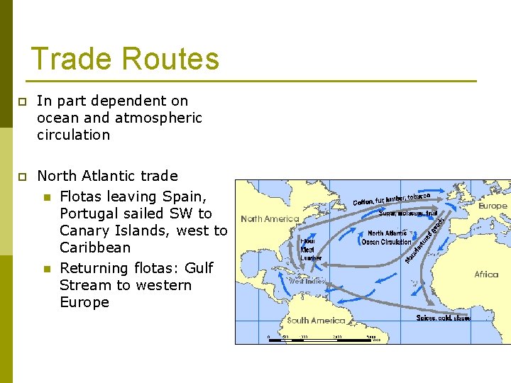 Trade Routes p In part dependent on ocean and atmospheric circulation p North Atlantic