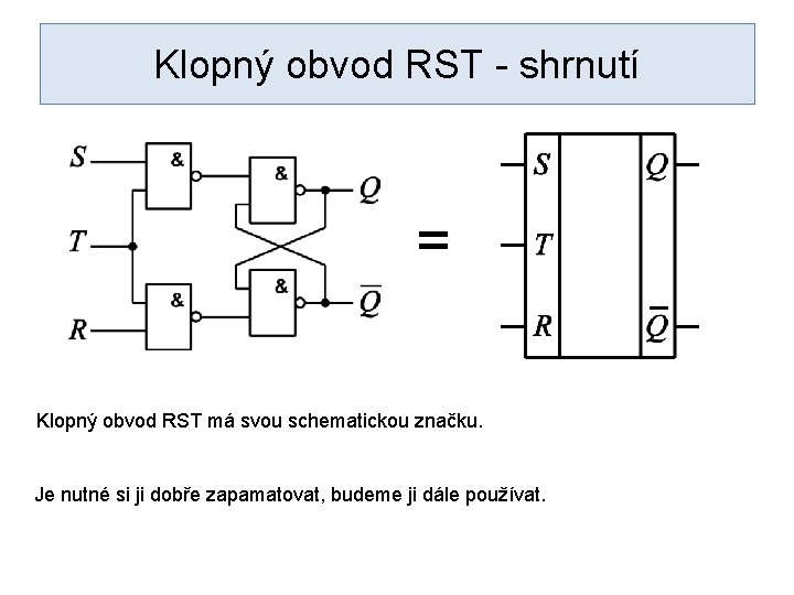 Klopný obvod RST - shrnutí = Klopný obvod RST má svou schematickou značku. Je