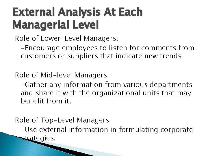 External Analysis At Each Managerial Level Role of Lower-Level Managers: -Encourage employees to listen