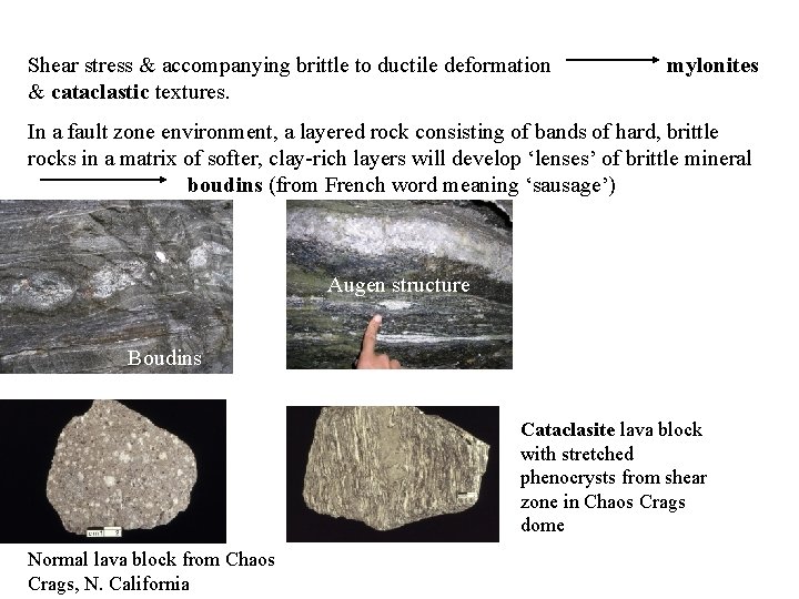 Shear stress & accompanying brittle to ductile deformation & cataclastic textures. mylonites In a