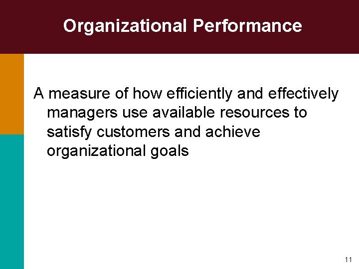 Organizational Performance A measure of how efficiently and effectively managers use available resources to