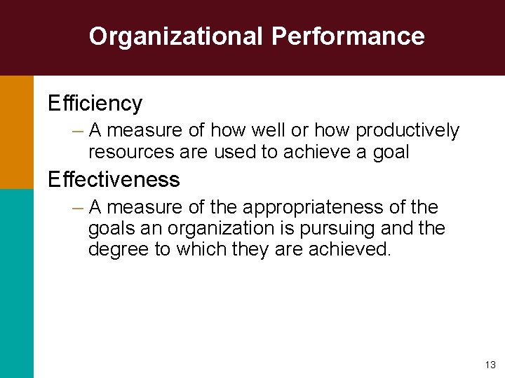 Organizational Performance Efficiency – A measure of how well or how productively resources are