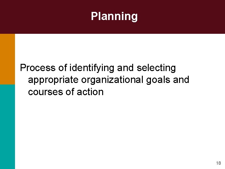 Planning Process of identifying and selecting appropriate organizational goals and courses of action 18