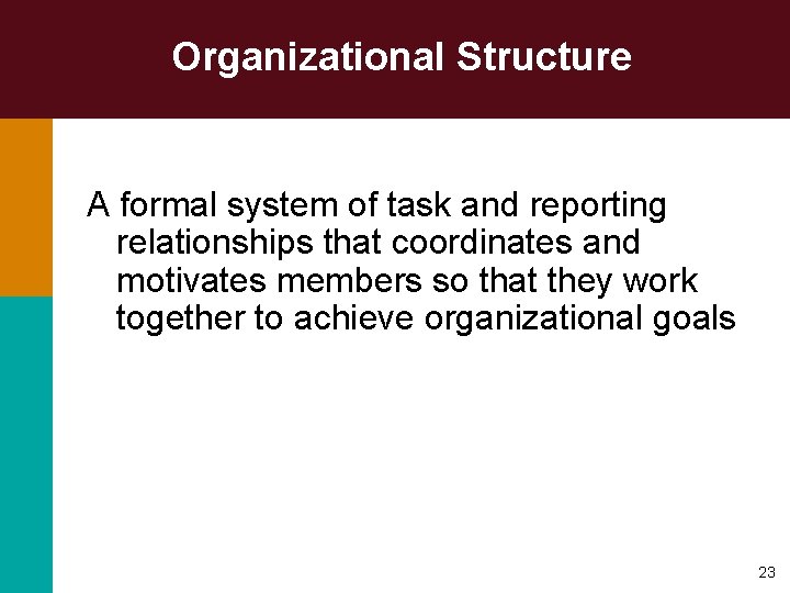 Organizational Structure A formal system of task and reporting relationships that coordinates and motivates