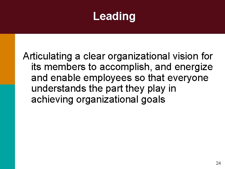 Leading Articulating a clear organizational vision for its members to accomplish, and energize and