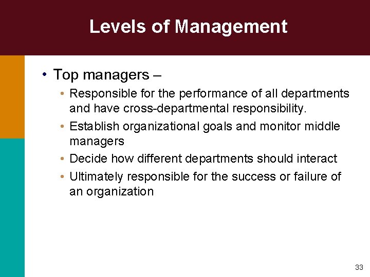 Levels of Management • Top managers – • Responsible for the performance of all