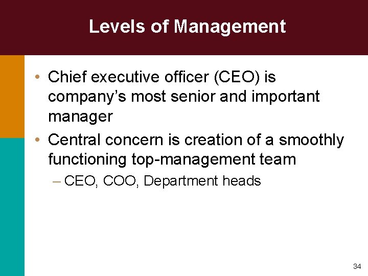 Levels of Management • Chief executive officer (CEO) is company’s most senior and important