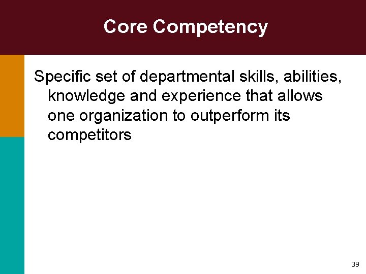 Core Competency Specific set of departmental skills, abilities, knowledge and experience that allows one