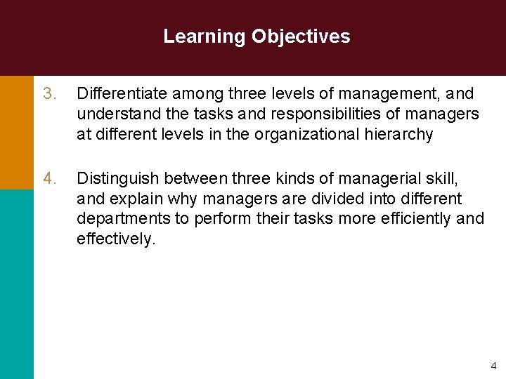 Learning Objectives 3. Differentiate among three levels of management, and understand the tasks and