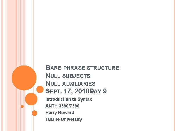 BARE PHRASE STRUCTURE NULL SUBJECTS NULL AUXILIARIES SEPT. 17, 2010 D–AY 9 Introduction to