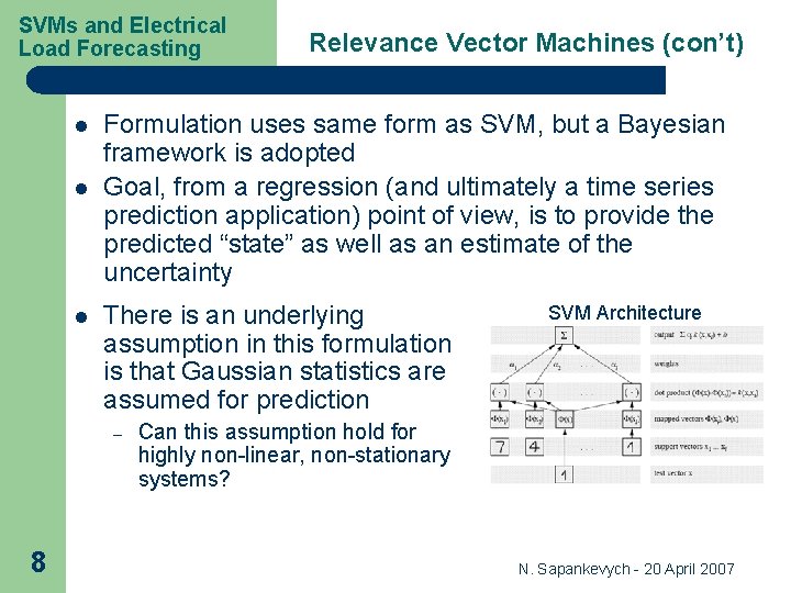 SVMs and Electrical Load Forecasting l l l Formulation uses same form as SVM, SVMs and Electrical Load Forecasting l l l Formulation uses same form as SVM,