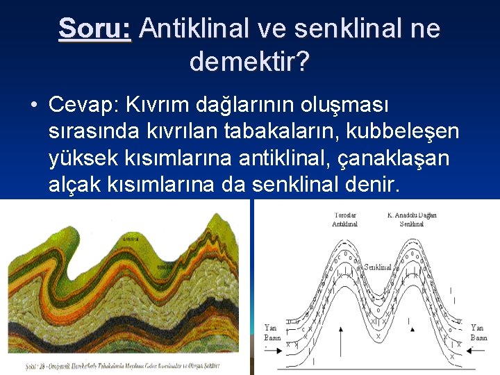 Soru: Antiklinal ve senklinal ne demektir? • Cevap: Kıvrım dağlarının oluşması sırasında kıvrılan tabakaların,