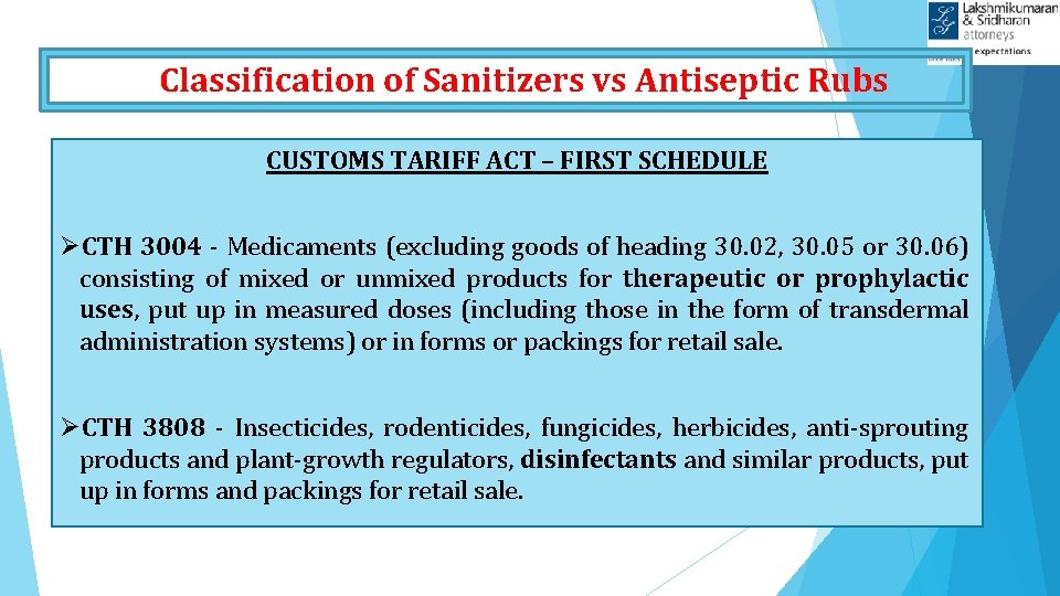 Classification of Sanitizers vs Antiseptic Rubs CUSTOMS TARIFF ACT – FIRST SCHEDULE ØCTH 3004