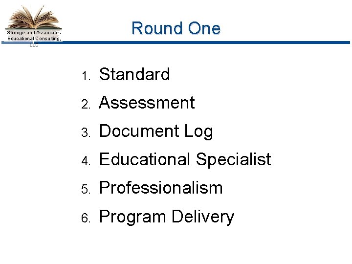 Round One Stronge and Associates Educational Consulting, LLC 1. Standard 2. Assessment 3. Document