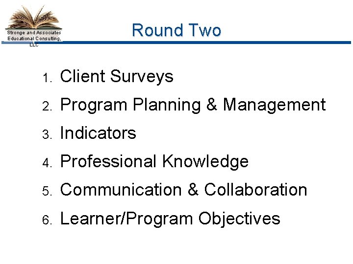 Stronge and Associates Educational Consulting, LLC Round Two 1. Client Surveys 2. Program Planning