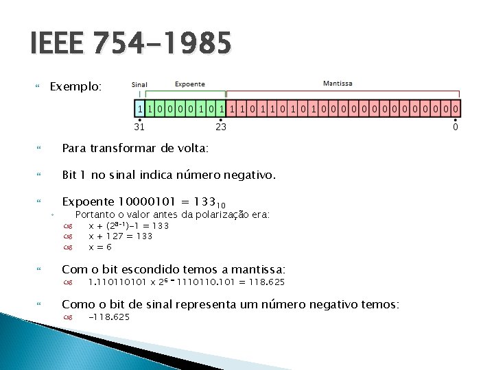IEEE 754 -1985 Exemplo: Para transformar de volta: Bit 1 no sinal indica número