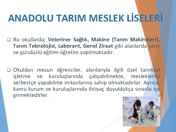 ANADOLU TARIM MESLEK LİSELERİ q Bu okullarda; Veteriner Sağlık, Makine (Tarım Makineleri), Tarım Teknolojisi,