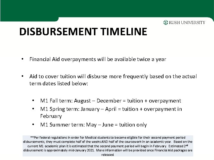 DISBURSEMENT TIMELINE • Financial Aid overpayments will be available twice a year • Aid DISBURSEMENT TIMELINE • Financial Aid overpayments will be available twice a year • Aid