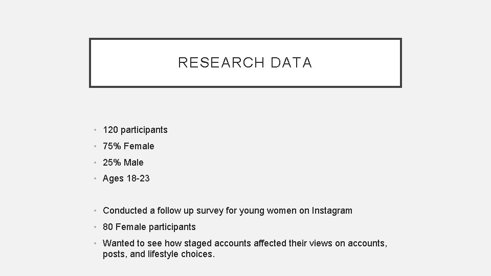 RESEARCH DATA • 120 participants • 75% Female • 25% Male • Ages 18