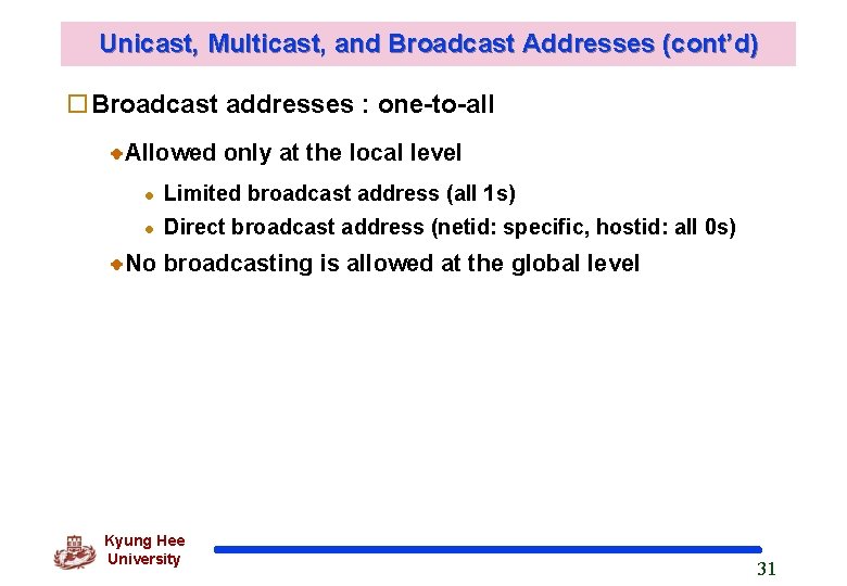 Unicast, Multicast, and Broadcast Addresses (cont’d) o. Broadcast addresses : one-to-all Allowed only at