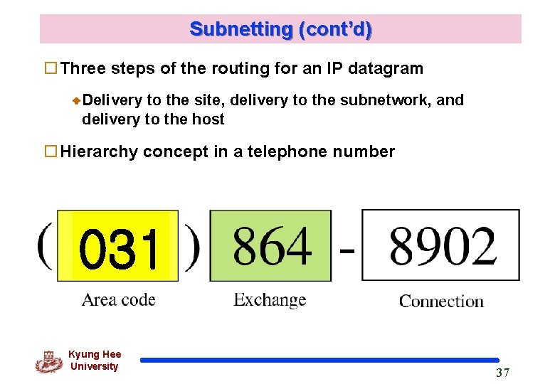Subnetting (cont’d) o. Three steps of the routing for an IP datagram Delivery to