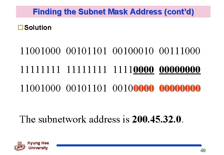 Finding the Subnet Mask Address (cont’d) o. Solution 11001000 00101101 0010 00111000 111111110000 11001000