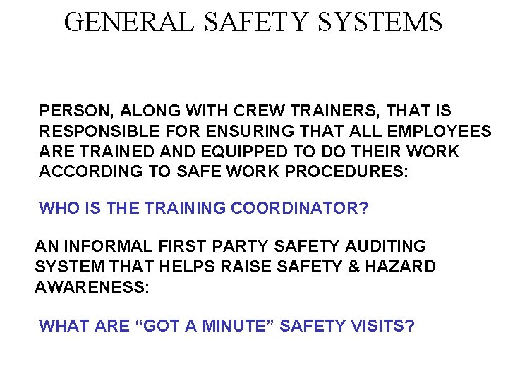 GENERAL SAFETY SYSTEMS PERSON, ALONG WITH CREW TRAINERS, THAT IS RESPONSIBLE FOR ENSURING THAT