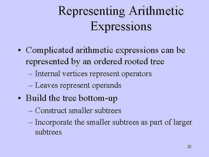 Representing Arithmetic Expressions • Complicated arithmetic expressions can be represented by an ordered rooted