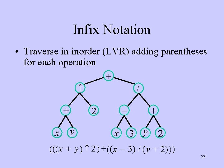 Infix Notation • Traverse in inorder (LVR) adding parentheses for each operation + +