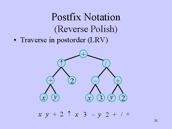 Postfix Notation (Reverse Polish) • Traverse in postorder (LRV) + + x / –