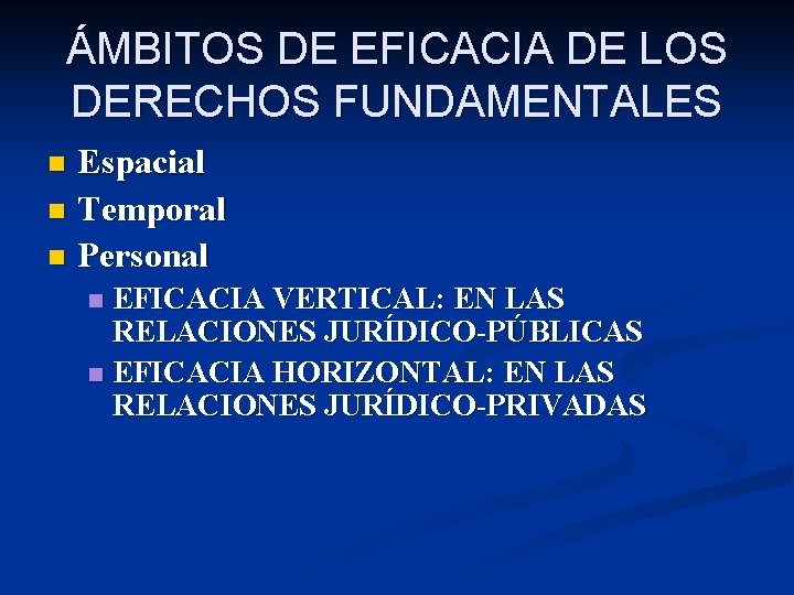 ÁMBITOS DE EFICACIA DE LOS DERECHOS FUNDAMENTALES Espacial n Temporal n Personal n EFICACIA