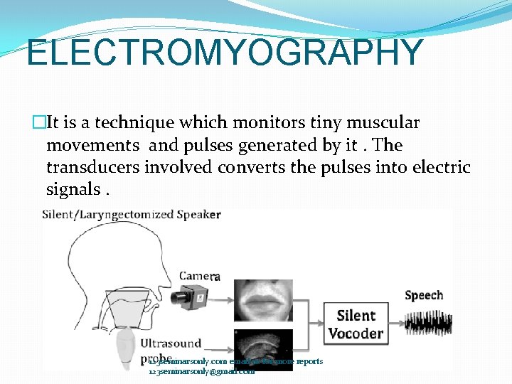 ELECTROMYOGRAPHY �It is a technique which monitors tiny muscular movements and pulses generated by ELECTROMYOGRAPHY �It is a technique which monitors tiny muscular movements and pulses generated by