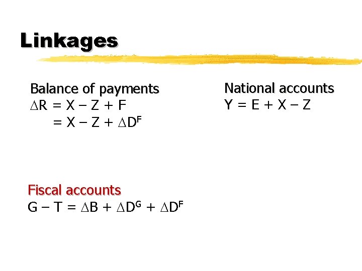 Linkages Balance of payments R = X – Z + F = X –