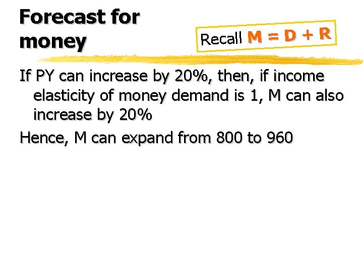 Forecast for money Recall M = D + R If PY can increase by