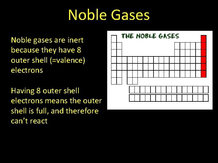 Noble Gases Noble gases are inert because they have 8 outer shell (=valence) electrons