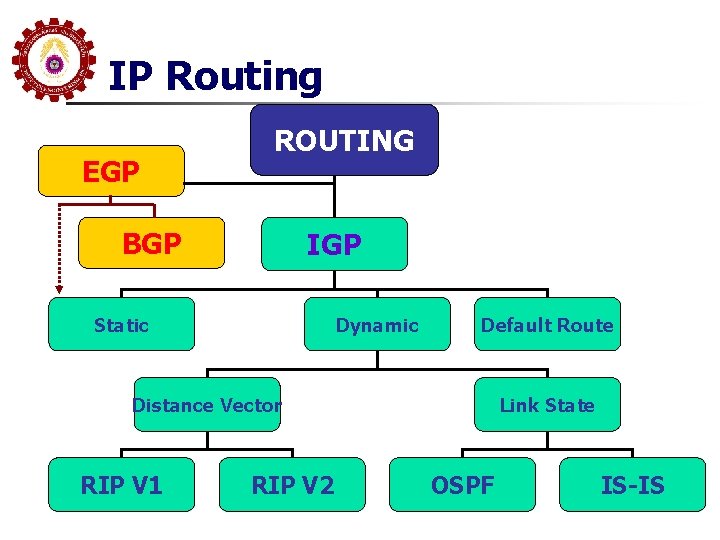 IP Routing EGP ROUTING BGP IGP Static Dynamic Default Route Distance Vector RIP V