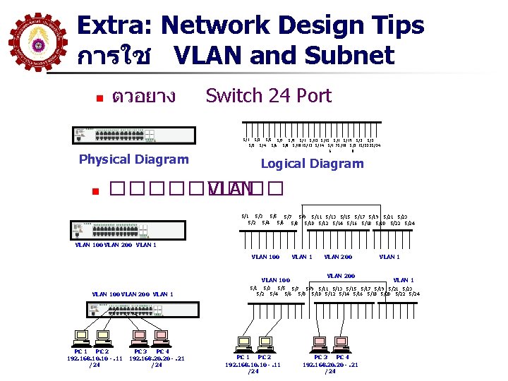 Extra: Network Design Tips การใช VLAN and Subnet n ตวอยาง Physical Diagram n Switch